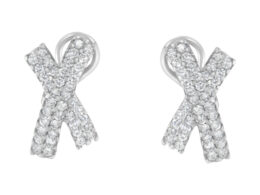 14K White Gold 2.0 Cttw Round-Brilliant Cut Diamond Domed X Shaped Omega Back Stud Earrings (H-I Color, I1-I2 Clarity)