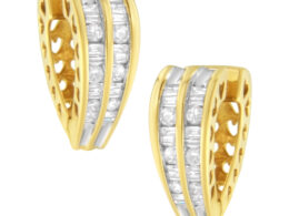 14K Yellow and White Gold 1.0 Cttw Channel Set Round and Baguette Diamond Multi Row Huggy Hoop Earrings (I-J Color, I2-I3 Clarity)