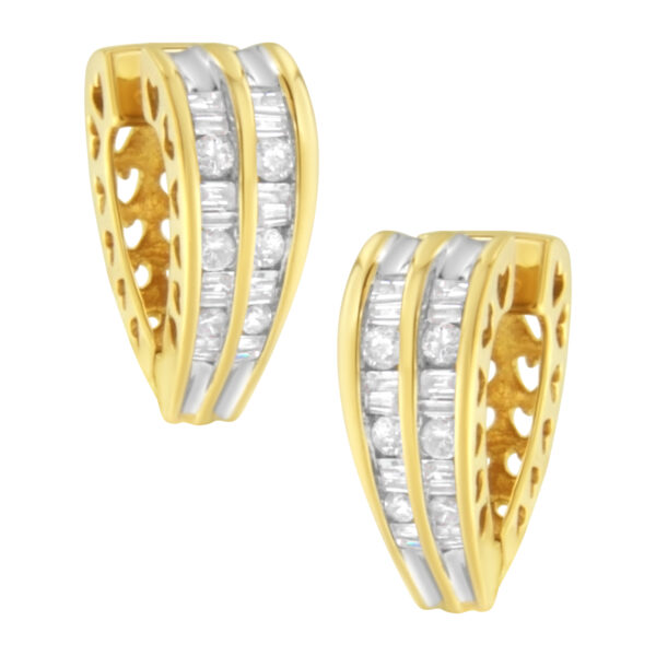 14K Yellow and White Gold 1.0 Cttw Channel Set Round and Baguette Diamond Multi Row Huggy Hoop Earrings (I-J Color, I2-I3 Clarity)