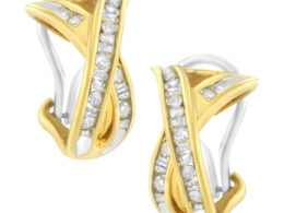 14K Yellow and White Gold 1/2 TDW "X" Shape Cross Over Diamond Hoop Earrings (I-J, I2-I3)