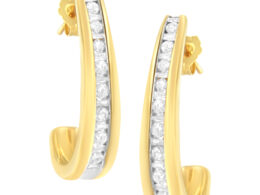 10K Yellow Gold 1 cttw Channel Set Diamond J-Hoop Earrings (H-I Clarity, I1-I2 Color)
