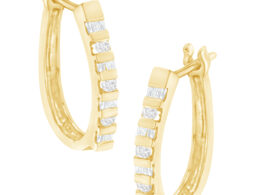 10K Yellow Gold Round and Baguette Cut Diamond Oblong Hinged Leverback Hoop Earrings (¼ Cttw, I-J Color, I2-I3 Clarity)