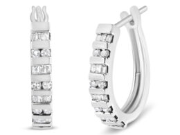 10K White Gold 1.0 Cttw Round and Baguette-Cut Diamond Hoop Earrings (I-J Color, I2-I3 Clarity)