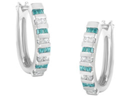 10k White Gold Round and Blue Baguette 1/2 cttw Diamond Hoop Earrings (I-J Color, I2-I3 Clarity)