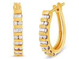 10K Yellow Gold 1.0 Cttw Round and Baguette-Cut Diamond Hoop Earrings (I-J Color, I2-I3 Clarity)