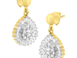 10K Yellow Gold 1/4 Cttw Round and Baguette-Cut Diamond Cluster Drop and Dangle Stud Earrings (I-J Color, I2-I3 Clarity)