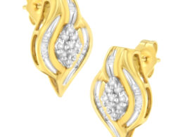 10K Yellow Gold 1/3 cttw Round-Cut Diamond Cluster and Swirl Stud Earrings (J-K Clarity, I2-I3 Color)