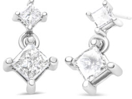 14K White Gold 3/8 Cttw Princess-Cut Diamond Double Dangle 2 Stone Stud Drop Earrings for Women (I-J Color, I2-I3 Clarity)