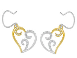 10K Two-tone Gold Round Diamond Heart Dangle Earrings (1/4 cttw, I-J Color, I2-I3 Clarity)