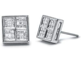 14K White Gold 1/2 Cttw Princess Diamond Composite Box Shape Milgrain Stud Earrings (H-I Color, SI1-SI2 Clarity)