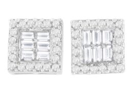 14K White Gold 1 cttw Round and Baguette Diamond Stud Earrings (H-I, SI1-SI2)