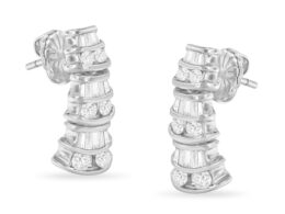 14K White Gold 7/8 cttw Baguette & Round Brilliant-Cut Diamond Dangle Multi Row Earrings (H-I Color, SI2-I1 Clarity)