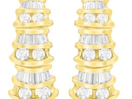 14K Yellow Gold Round and Baguette-Cut Diamond Earrings (7/8 cttw, H-I Color, SI2-I1 Clarity)