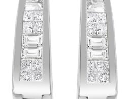 14K White Gold Princess and Baguette-Cut Diamond Long Hoop Earrings(0.50 cttw,I-J Color,VS1-VS2 Clarity)