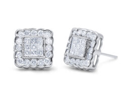 14K White Gold 1.0 Cttw Round Brilliant & Princess Cut Diamond Scallop-Edge Framed Square Halo Stud Earrings (G-H Color, SI1-SI2 Clarity)