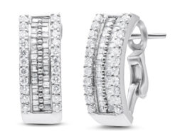 14K White Gold 1 1/2 cttw Round and Baguette Cut Diamond Earrings (H-I, SI2-I1)