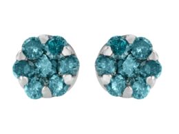 14K White Gold Round Cut Blue Diamond Earrings (1.00 cttw, Blue Color)
