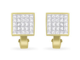 14K Yellow Gold 3-1/5 Cttw Princess Cut Diamond ¾ Square Invisible Set Grid Huggy Style Omega Back Stud Earrings (G-H Color, VS1-VS2 Clarity)
