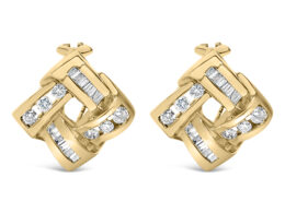 14K Yellow Gold Round and Baguette Cut Diamond Earrings (1 3/4 cttw, H-I Color, VS2-SI1 Clarity)