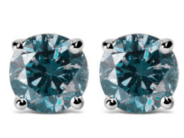 14K White Gold 2.00 Cttw Round Brilliant-Cut  Lab Grown Blue Diamond Classic 4-Prong Stud Earrings with Screw Backs (Blue Color, VS1-VS2 Clarity)