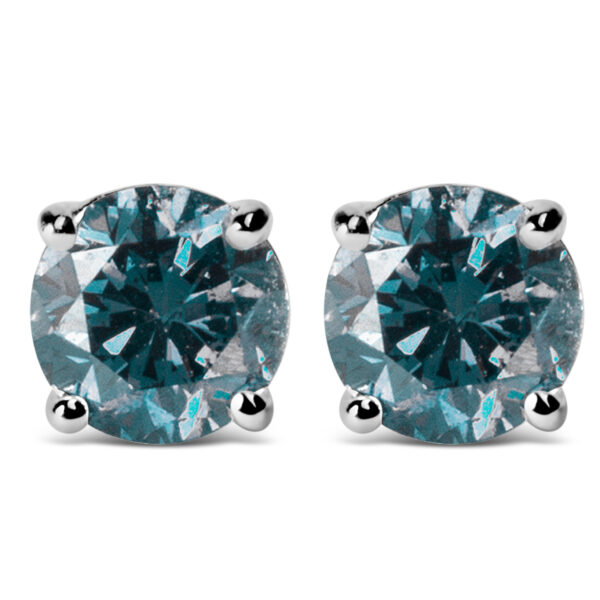 14K White Gold 2.00 Cttw Round Brilliant-Cut  Lab Grown Blue Diamond Classic 4-Prong Stud Earrings with Screw Backs (Blue Color, VS1-VS2 Clarity)