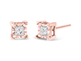 10K Rose Gold Plated .925 Sterling Silver 1/3 Cttw Miracle Set Princess-cut Diamond Solitaire Stud Earrings (H-I Color, I2-I3 Clarity)