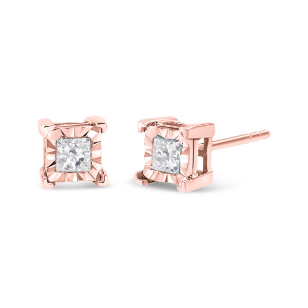 10K Rose Gold Plated .925 Sterling Silver 1/3 Cttw Miracle Set Princess-cut Diamond Solitaire Stud Earrings (H-I Color, I2-I3 Clarity)