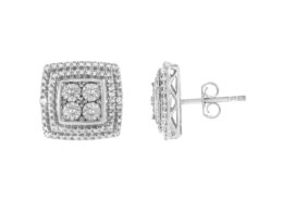 .925 Sterling Silver Diamond Accented Square Shaped Milgrain Stud Earrings (I-J Clarity, I3 Color)