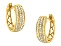 10K Yellow Gold 3/4 Cttw Pave and Channel Set Diamond Triple Row Modern Hoop Earrings (I-J Color, I2-I3 Clarity)