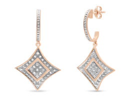 10K Rose Gold Plated Sterling Silver Round Cut Diamond Cushion Dangle Earrings (0.04 cttw, H-I Color, I2-I3 Clarity)