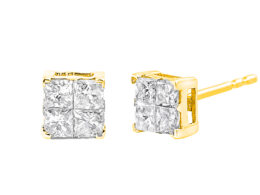 10K Yellow Gold Plated .925 Sterling Silver 1.0 Cttw Princess-Cut Diamond Composite Multi Stone Stud Earrings (J-K Color, SI2-I1 Clarity)
