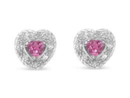 .925 Sterling Silver, Created Pink Sapphire, & Diamond-Accented 5/8" Heart-Shaped Rope Stud Earrings (I-J Color, I2-I3 Clarity)