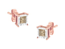 14K Rose Gold Plated Two-Tone .925 Sterling Silver 1/2 Cttw Princess-Cut Square Diamond Solitaire Miracle-Plate Stud Earrings (K-L Color, I2-I3 Clarity)