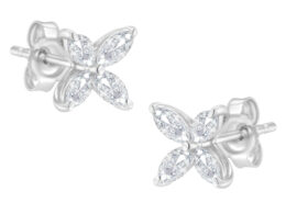 14K White Gold 3/4 Cttw Marquise Diamond 8 Stone Floral Leaf Stud Earrings (H-I Color, SI1-SI2 Clarity)