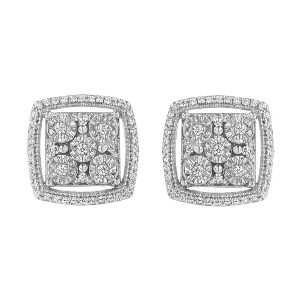 .925 Sterling Silver 3/8 Cttw Miracle Set Round Diamond Double Halo Cluster Earrings (I-J Color, I2-I3 Clarity)