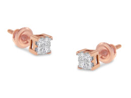 10KT Rose Gold Princess Diamond Stud Earring (1/4 cttw, J-K Color, I1-I2 Clarity)