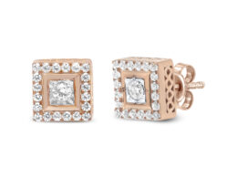 14K Rose Gold Plated .925 Sterling Silver 1/2 Cttw Diamond Halo Square-Shaped Frame Stud Earring (I-J Color, I3 Clarity)
