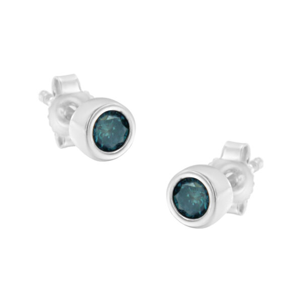 .925 Sterling Silver 1/5 Cttw Round Brilliant-Cut Blue Diamond Bezel-Set Stud Earrings (Fancy Color-Enhanced, I2-I3 Clarity)