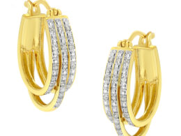 10K Yellow Gold Plated .925 Sterling Silver 1/4 Cttw Diamond and Alternating Beaded Triple Hoop Earring (I-J Color, I3 Clarity)