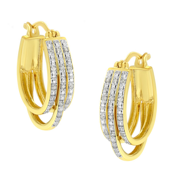 10K Yellow Gold Plated .925 Sterling Silver 1/4 Cttw Diamond and Alternating Beaded Triple Hoop Earring (I-J Color, I3 Clarity)