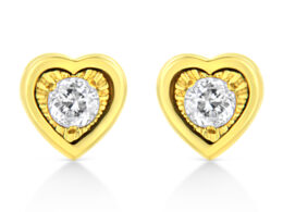 10K Yellow Gold Plated .925 Sterling Silver 1/10 Cttw Miracle-Set Diamond Heart Shape Stud Earrings (K-L Color, I2-I3 Clarity)