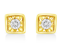 10K Yellow Gold Plated .925 Sterling Silver 1/10 Cttw Miracle-Set Diamond Square Stud Earrings (K-L Color, I2-I3 Clarity)