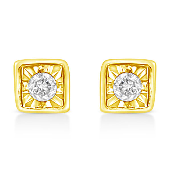 10K Yellow Gold Plated .925 Sterling Silver 1/10 Cttw Miracle-Set Diamond Square Stud Earrings (K-L Color, I2-I3 Clarity)