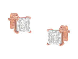14K Rose Gold Plated Two-Tone .925 Sterling Silver 1/2 Cttw Princess-Cut Square Near Colorless Diamond Solitaire Miracle-Plate Stud Earrings (J-K Color, I2-I3 Clarity)