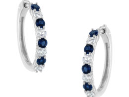 10K White Gold, ½ Cttw Diamond, & ½ Cttw Lab-Grown Blue Sapphire Leverback Hoop Earrings (H-I Color, I1-I2 Clarity)
