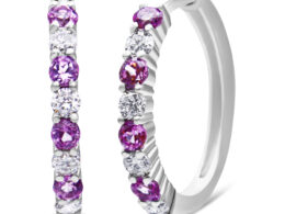10K White Gold 2.5MM Pink Sapphire Gemstone and 1/2 Cttw Diamond Hoop Earrings (H-I Color, I1-I2 Clarity)