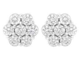 14K White Gold 3/4 Cttw 7 Stone Floral Cluster Round Brilliant Cut Diamond Stud Earrings with Screw Backs(I-J, SI2-I1)