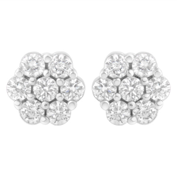 14K White Gold 3/4 Cttw 7 Stone Floral Cluster Round Brilliant Cut Diamond Stud Earrings with Screw Backs(I-J, SI2-I1)