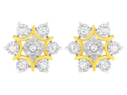 10K Yellow Gold Plated .925 Sterling Silver 1/4 Cttw Miracle Set Round-Cut Diamond Floral Earring (I-J Color, I2-I3 Clarity)