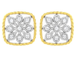 10K Yellow Gold Plated .925 Sterling Silver 1/4 cttw Diamond "Flower in a Box" Stud Earrings (I-J Color, I2-I3 Clarity)